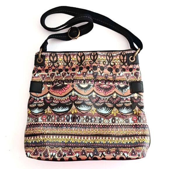 Sakroots Artists Circle Flat Lg Crossbody Bag Multicolor Coated Canvas Blk Strap - Picture 5 of 8